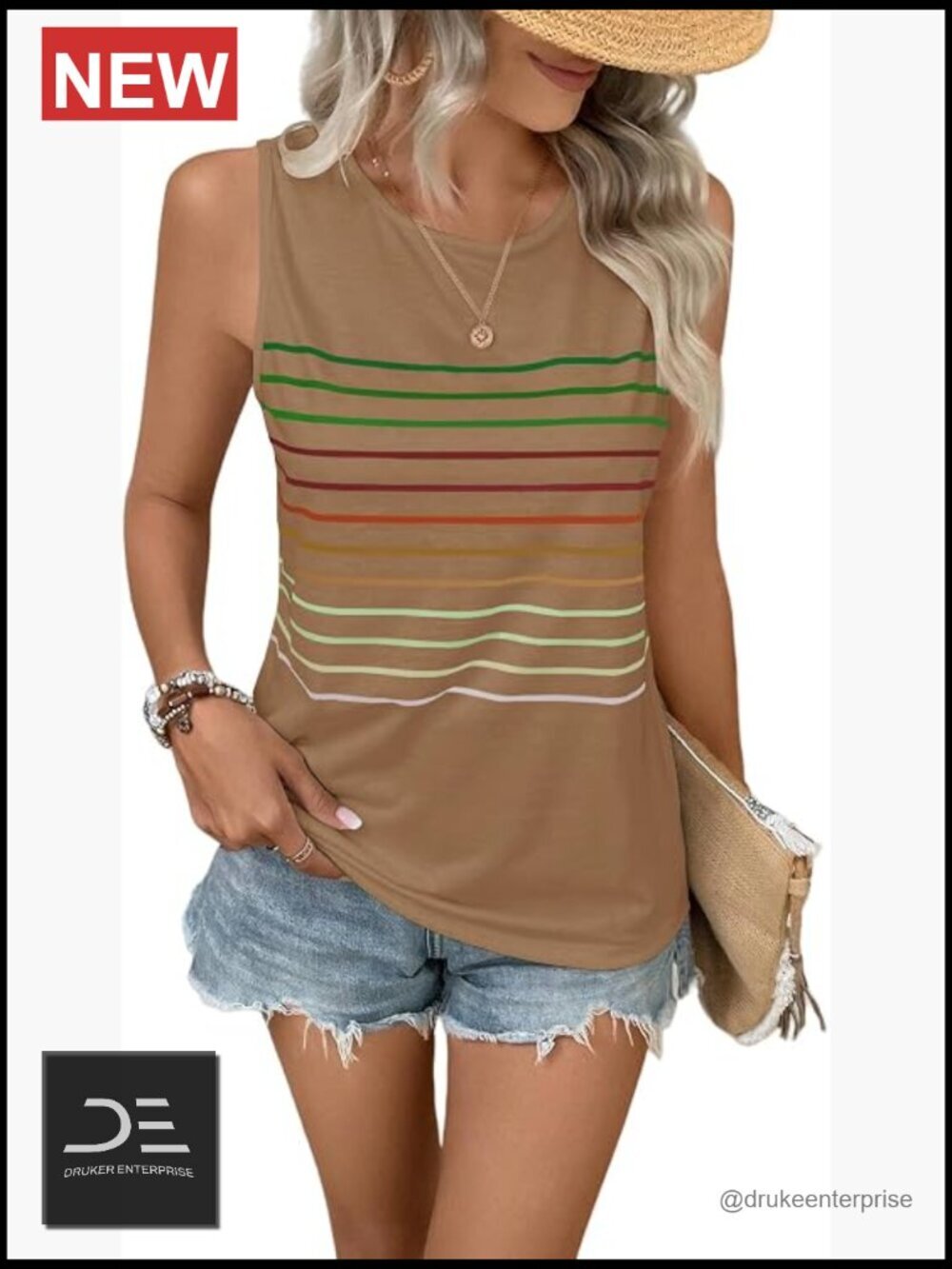Striped Sleeveless Tank Top Loose Fit Crewneck Summer Casual